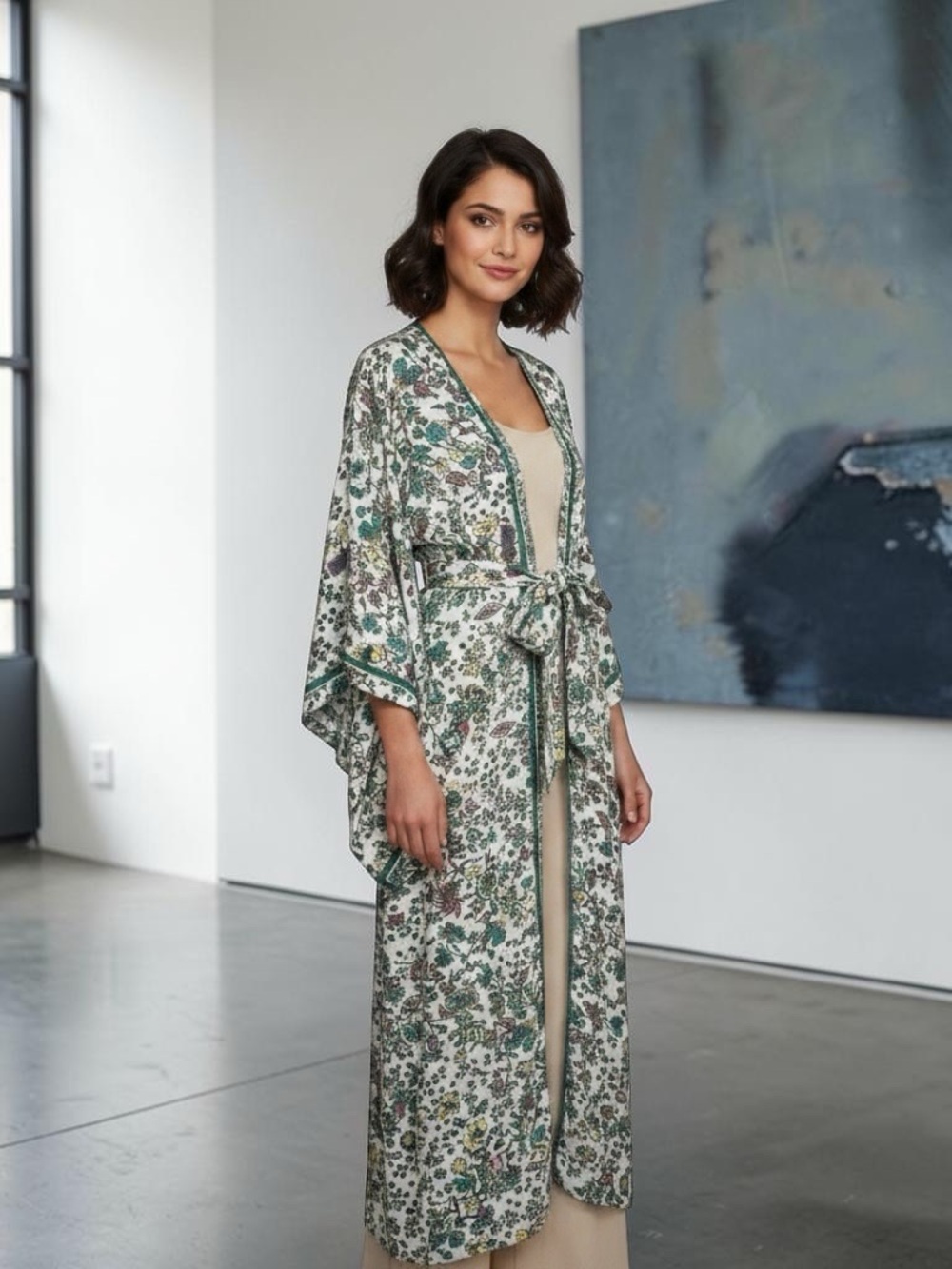 Boho Floral Kimono - White with Green, Pink & Yellow Floral